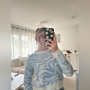 Elegant Blue and White Swirl Sweater